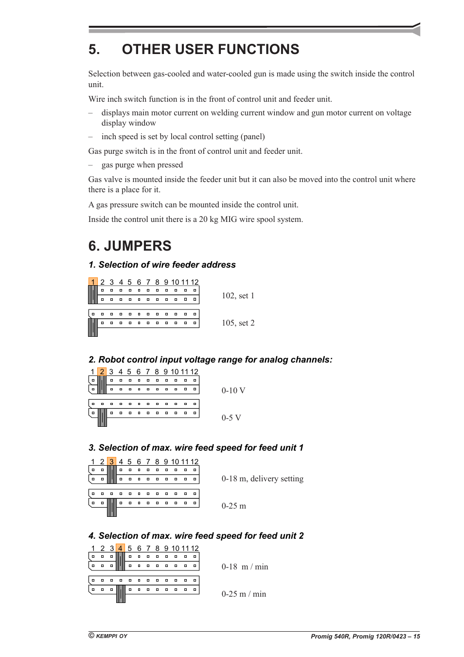 Other user functions, Jumpers | Kemppi Promig 540R User Manual | Page 15 / 20