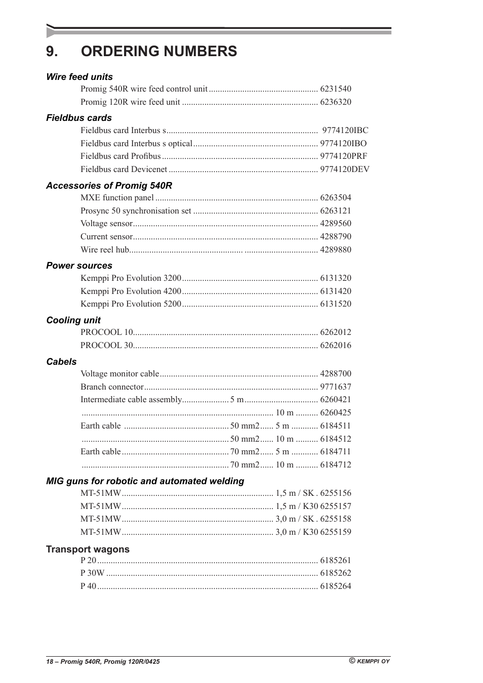 Ordering numbers | Kemppi Promig 540R User Manual | Page 18 / 20