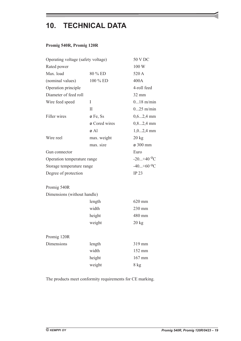 Technical data | Kemppi Promig 540R User Manual | Page 19 / 20