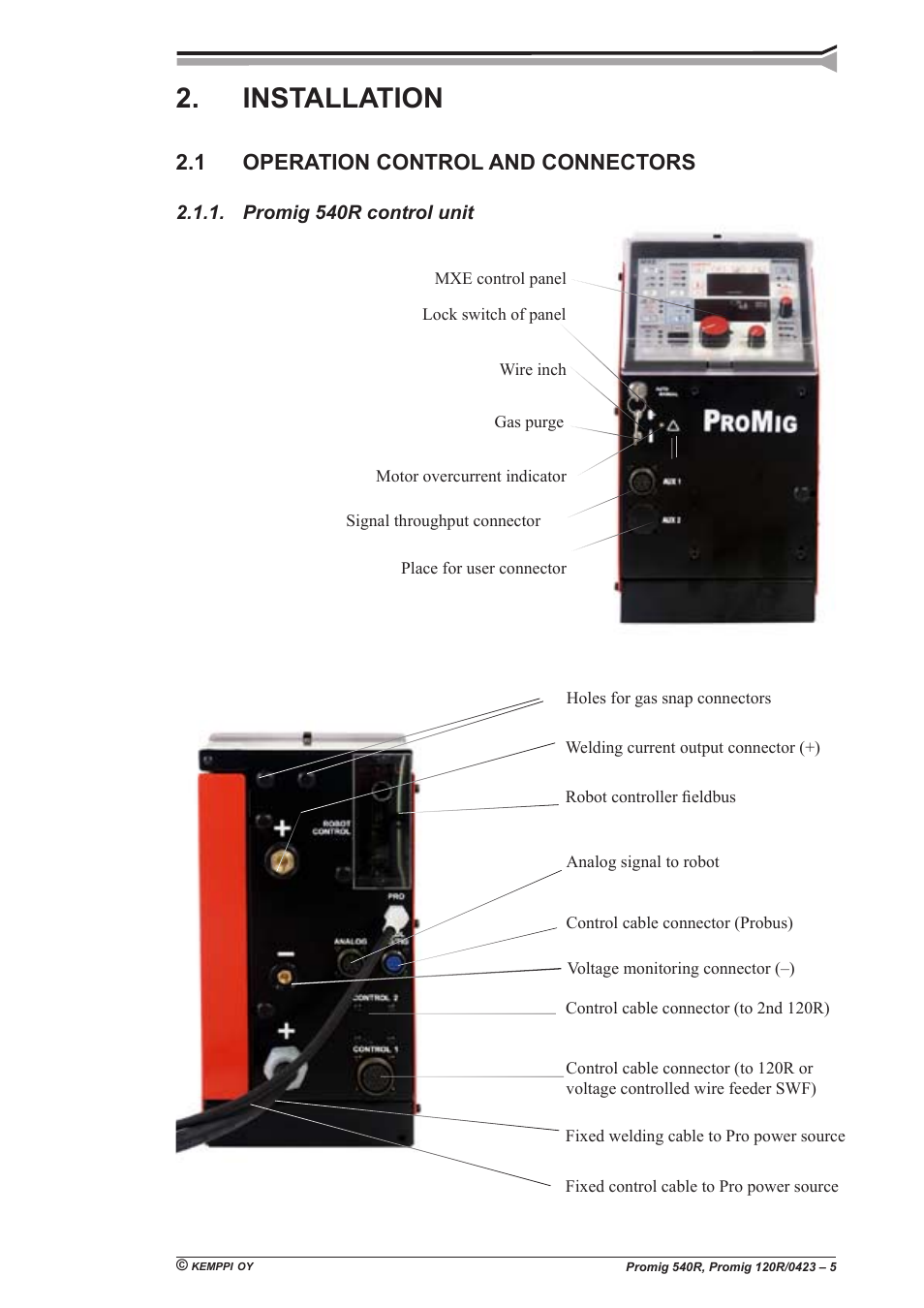 Installation, 1 operation control and connectors, Promig 540r control unit | Kemppi Promig 540R User Manual | Page 5 / 20