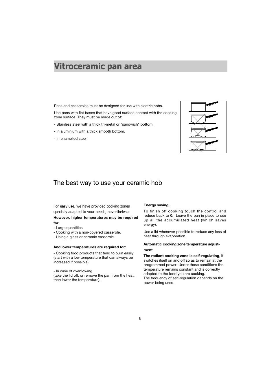 Vitroceramic pan area, The best way to use your ceramic hob | Kleenmaid IVK61 User Manual | Page 8 / 17