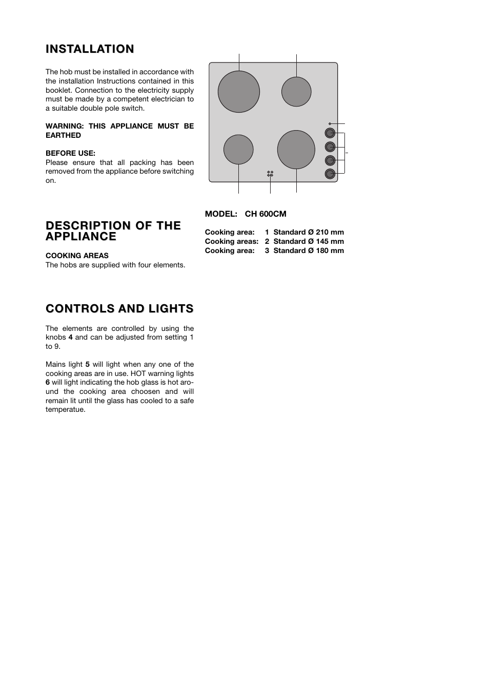 Inst, Inst alla alla tion tion, Description of the | Description of the appliance appliance, Controls and lights | Kleenmaid CH600CM User Manual | Page 3 / 10