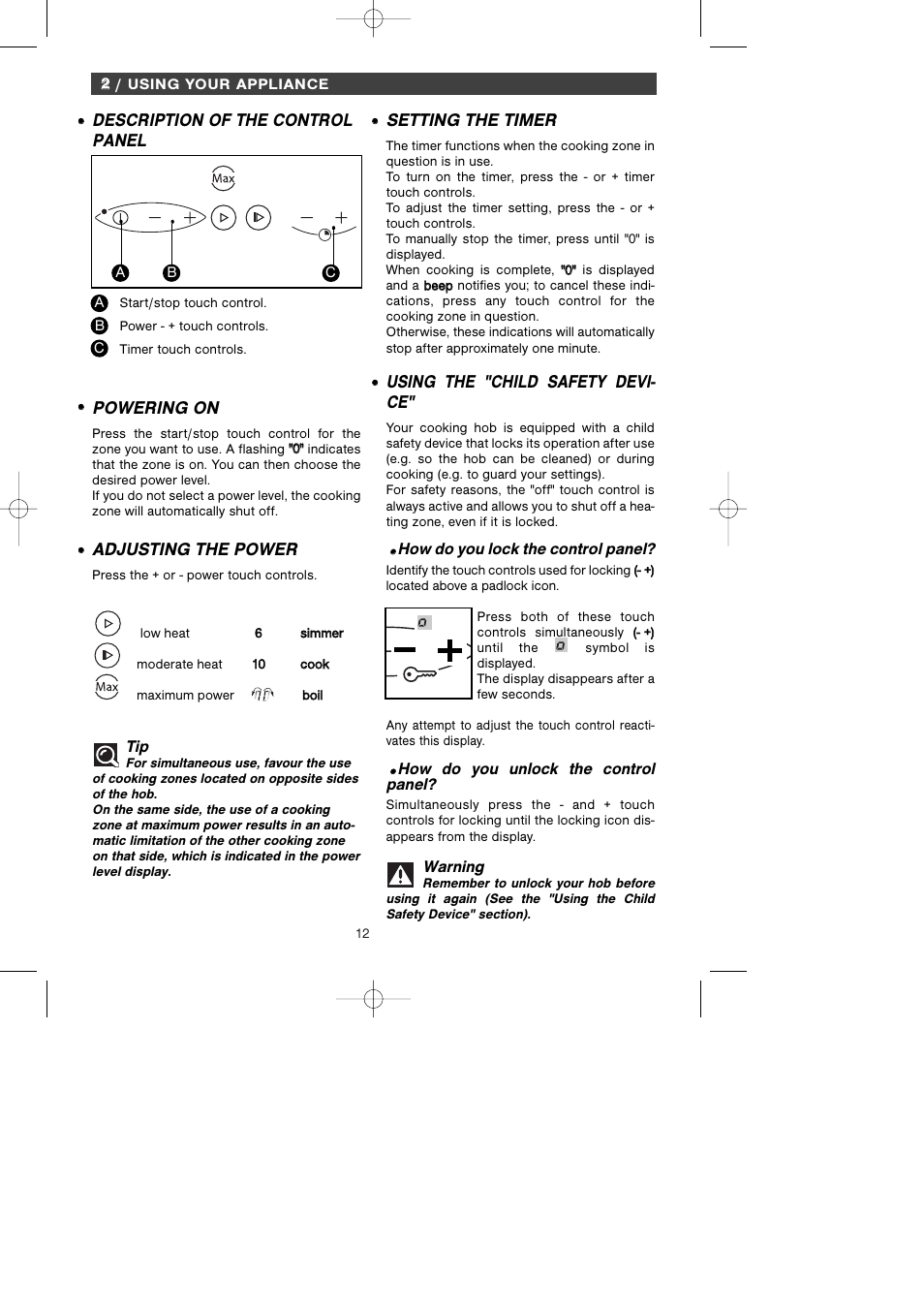 Setting the timer, Using the "child safety devi- ce, Powering on | Adjusting the power, Description of the control panel | Kleenmaid ICK66X User Manual | Page 15 / 23