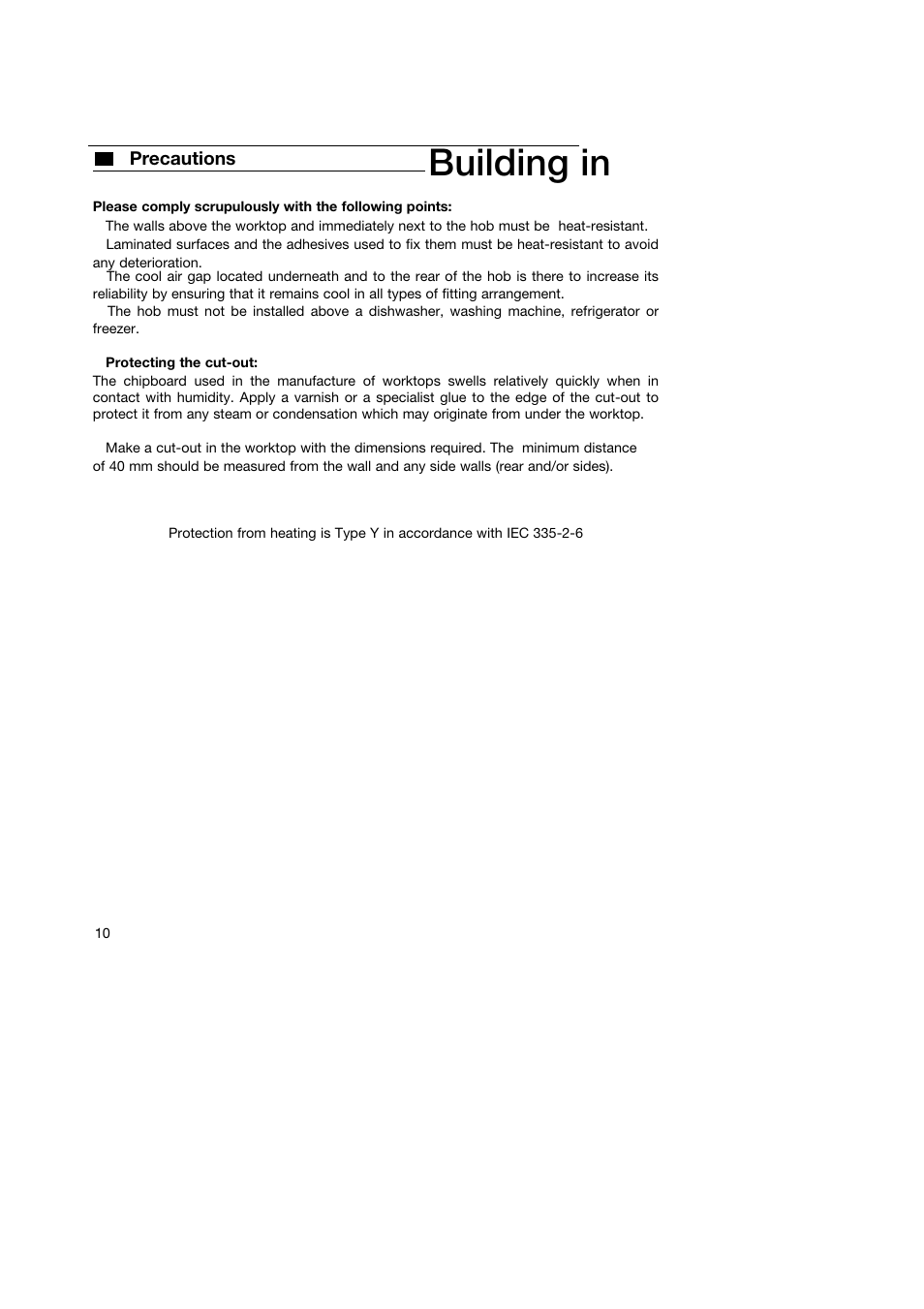 Building in, Precautions | Kleenmaid IB61 User Manual | Page 12 / 16