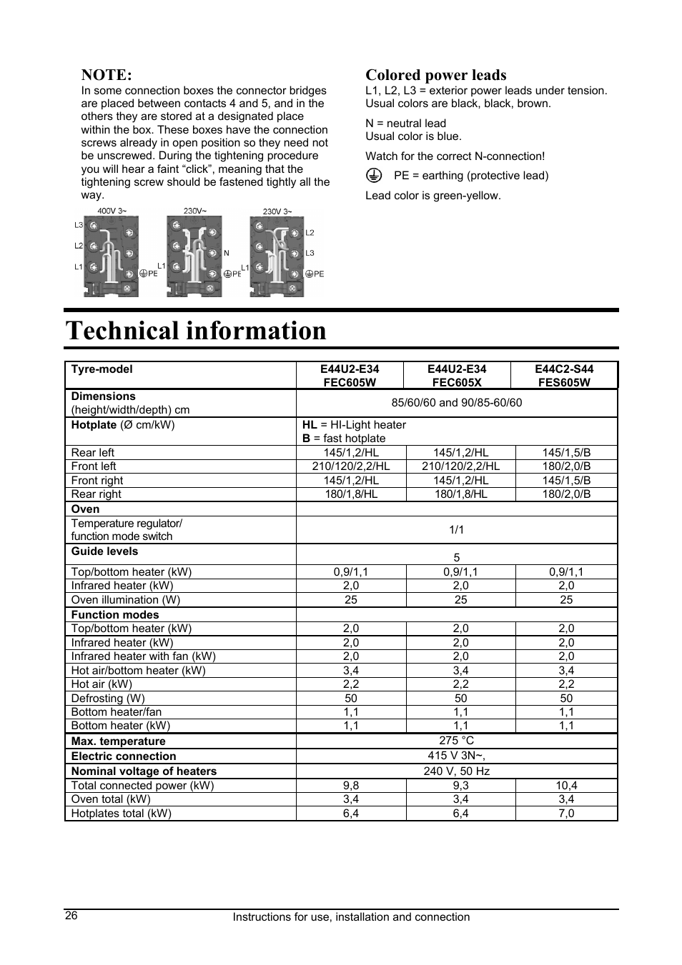 Technical information, Colored power leads | Kleenmaid FEC605W User Manual | Page 26 / 28