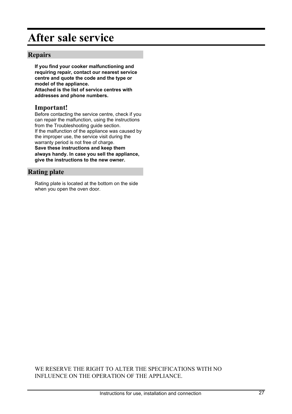After sale service | Kleenmaid FEC605W User Manual | Page 27 / 28