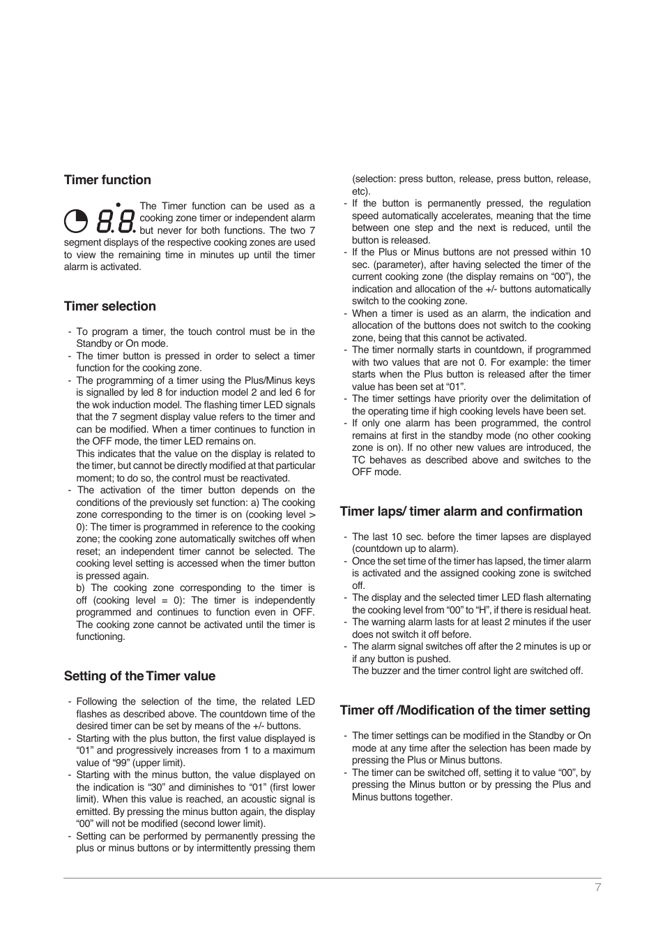 Timer function, Timer selection, Setting of the timer value | Timer laps/ timer alarm and conﬁrmation, Timer off /modiﬁcation of the timer setting | Kleenmaid DCTI User Manual | Page 7 / 16