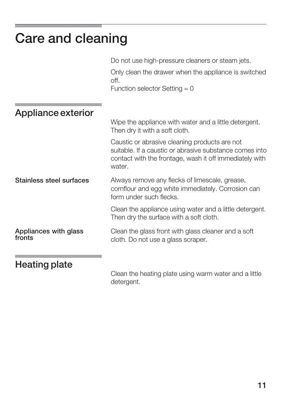 Care and cleaning, Appliance exterior, Heating plate | Kleenmaid KWD140 User Manual | Page 12 / 15