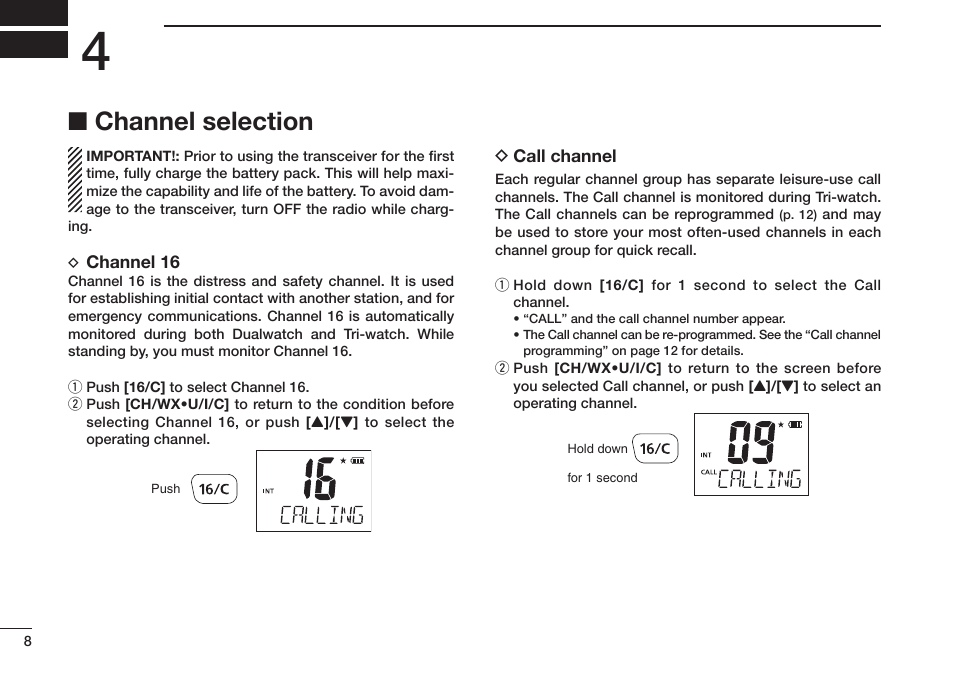 Channel selection | Icom IC-M73 Plus User Manual | Page 16 / 56