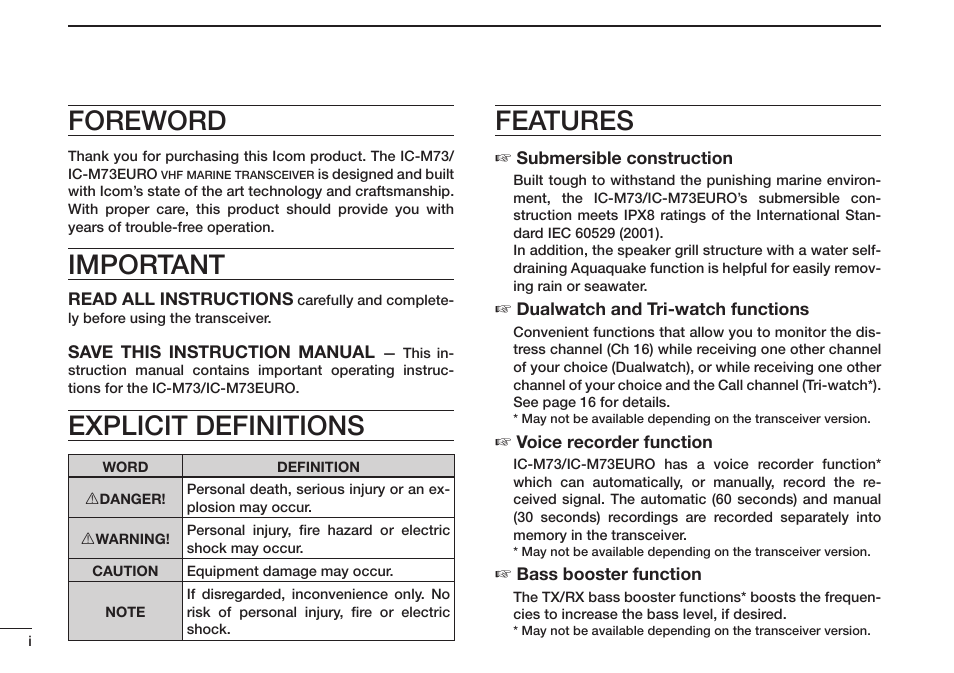 Foreword, Important, Explicit definitions | Features | Icom IC-M73 Plus User Manual | Page 2 / 56