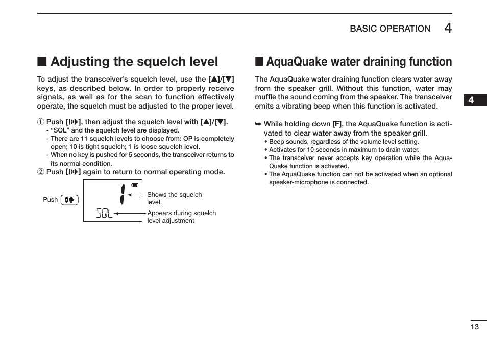 Adjusting the squelch level, Aquaquake water draining function | Icom IC-M73 Plus User Manual | Page 21 / 56