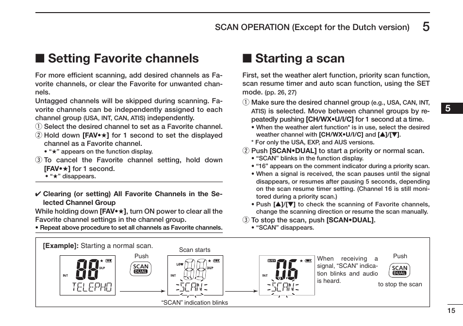 Setting favorite channels, Starting a scan | Icom IC-M73 Plus User Manual | Page 23 / 56