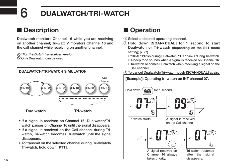 Dualwatch/tri-watch, Description, Operation | Icom IC-M73 Plus User Manual | Page 24 / 56