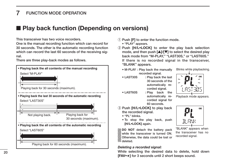 Play back function (depending on versions) | Icom IC-M73 Plus User Manual | Page 28 / 56