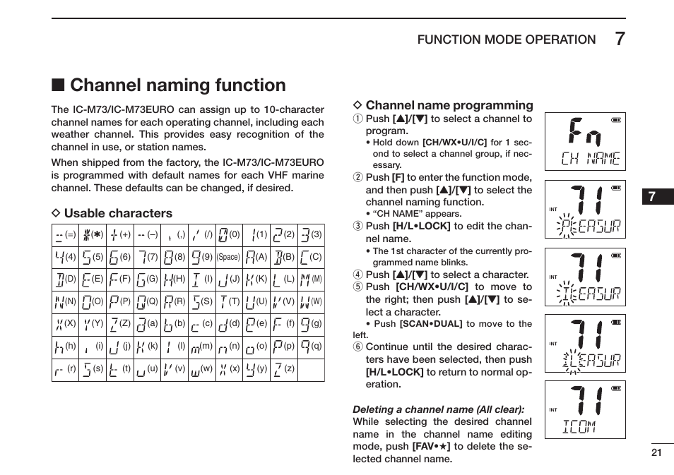 Channel naming function, Function mode operation, D usable characters d channel name programming | Icom IC-M73 Plus User Manual | Page 29 / 56