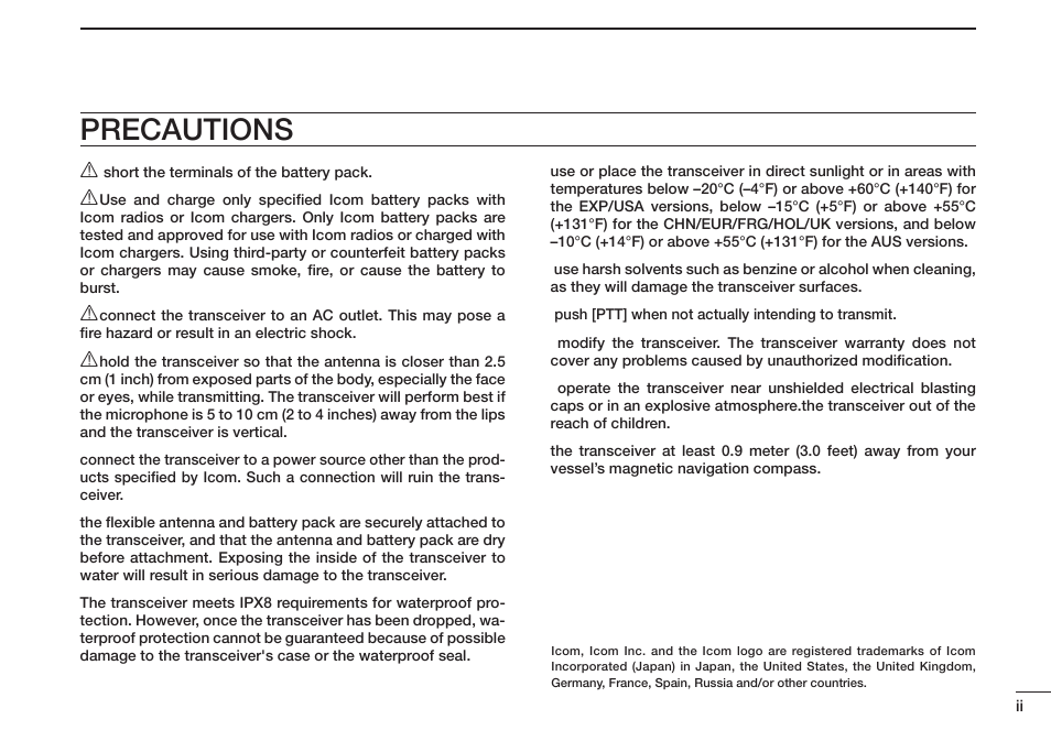 Precautions | Icom IC-M73 Plus User Manual | Page 3 / 56