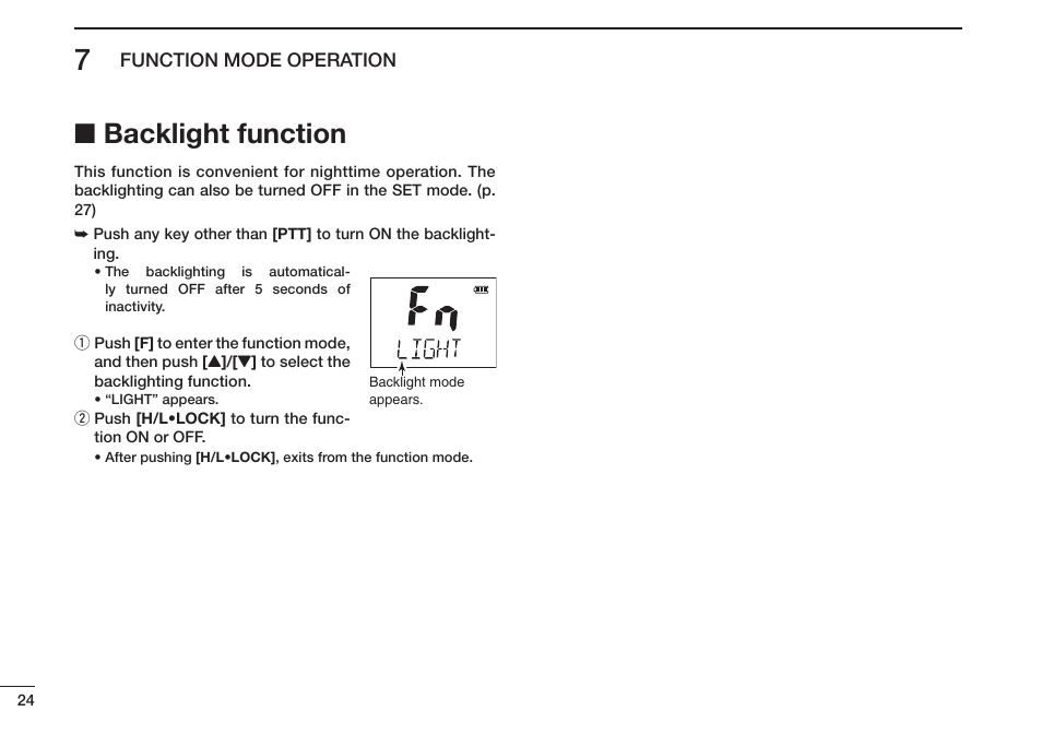 Backlight function | Icom IC-M73 Plus User Manual | Page 32 / 56