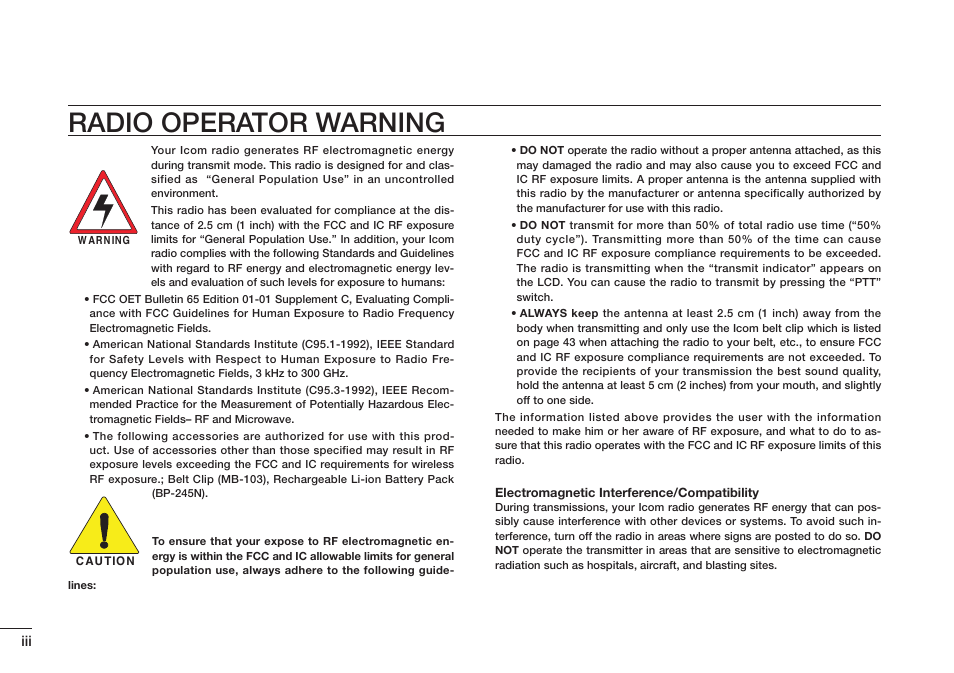 Radio operator warning | Icom IC-M73 Plus User Manual | Page 4 / 56