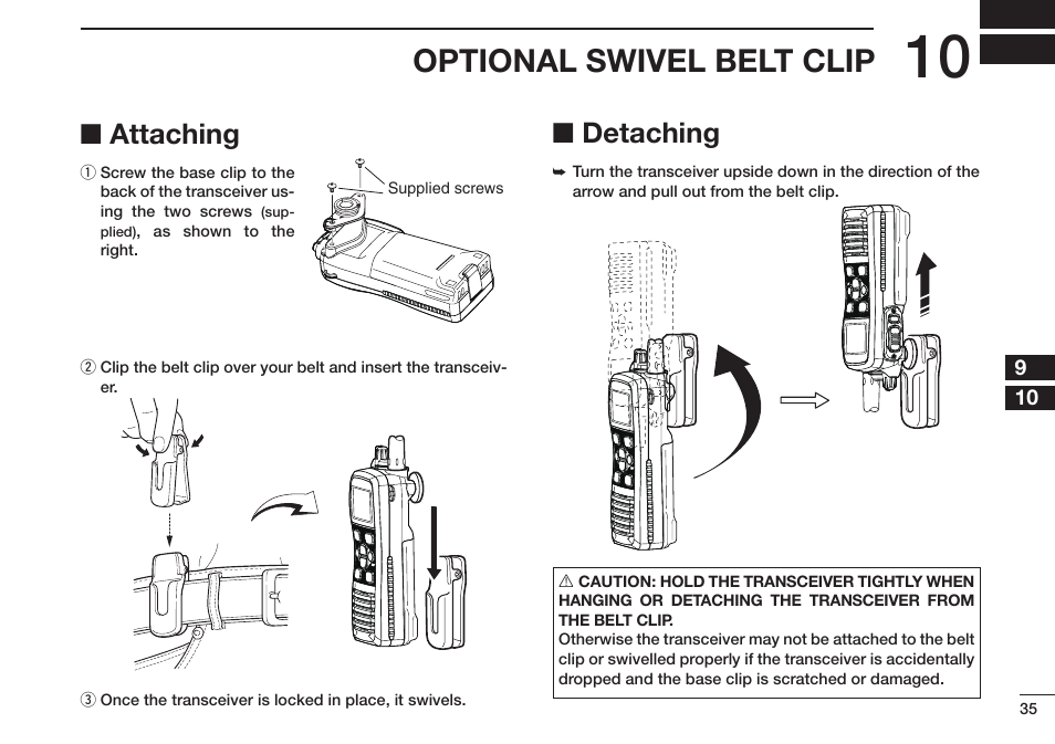 Optional swivel belt clip, Attaching, Detaching | Icom IC-M73 Plus User Manual | Page 43 / 56