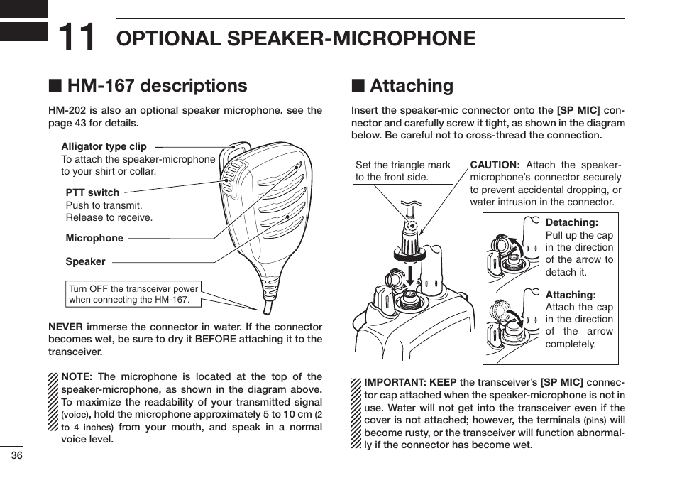 Optional speaker-microphone, Hm-167 descriptions, Attaching | Icom IC-M73 Plus User Manual | Page 44 / 56