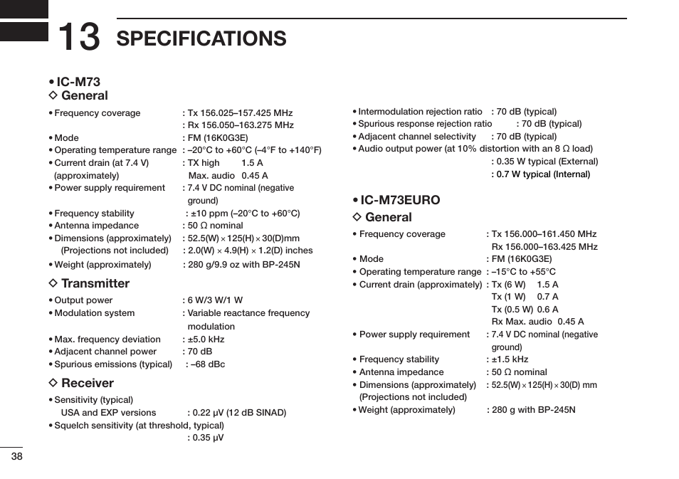 Specifications | Icom IC-M73 Plus User Manual | Page 46 / 56