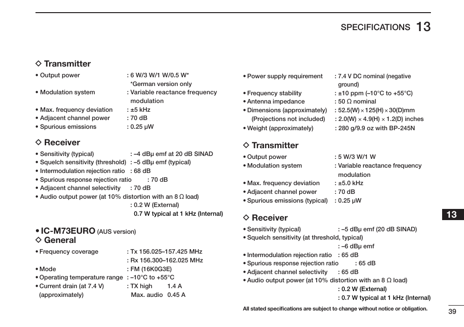 Specifications, D transmitter, D receiver | Ic-m73euro, D general | Icom IC-M73 Plus User Manual | Page 47 / 56