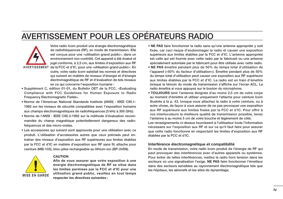 Avertissement pour les opérateurs radio | Icom IC-M73 Plus User Manual | Page 5 / 56
