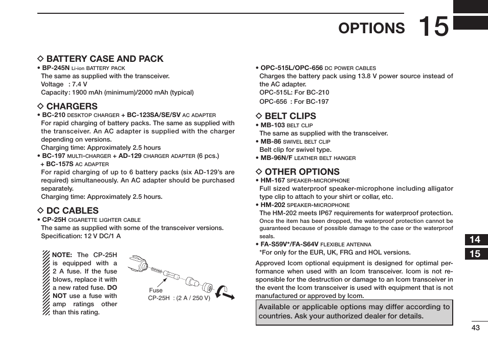 Options, D battery case and pack, D chargers | D dc cables, D belt clips, D other options | Icom IC-M73 Plus User Manual | Page 51 / 56