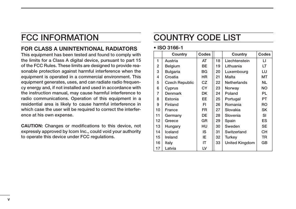 Country code list, Fcc information, For class a unintentional radiators | Icom IC-M73 Plus User Manual | Page 6 / 56