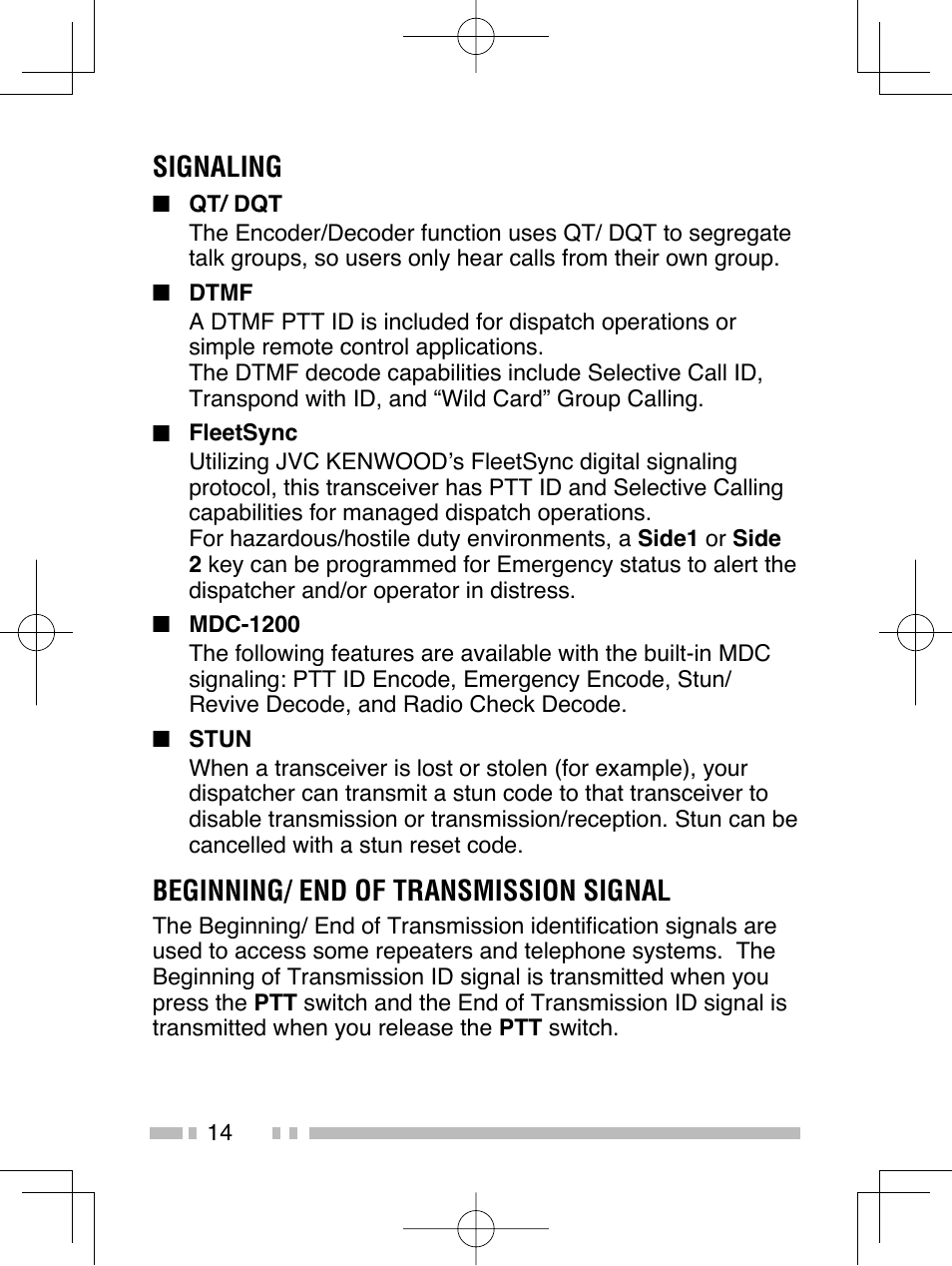 Signaling, Beginning/ end of transmission signal | Kenwood TK-2406M User Manual | Page 20 / 21