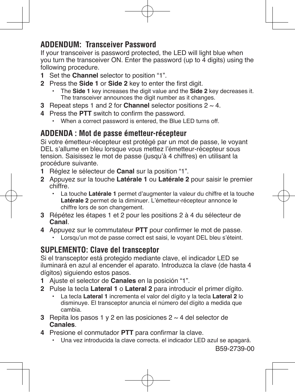 Addendum: transceiver password, Addenda : mot de passe émetteur-récepteur, Suplemento: clave del transceptor | Kenwood TK-2406M User Manual | Page 21 / 21