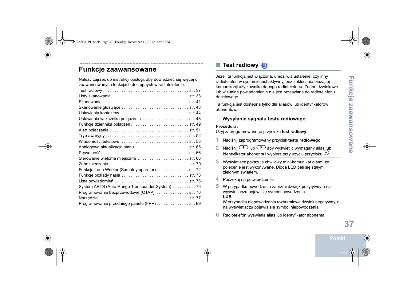 Funkcje zaawansowane, Test radiowy, Wysyłanie sygnału testu radiowego | Motorola DP 2600 User Manual | Page 645 / 900