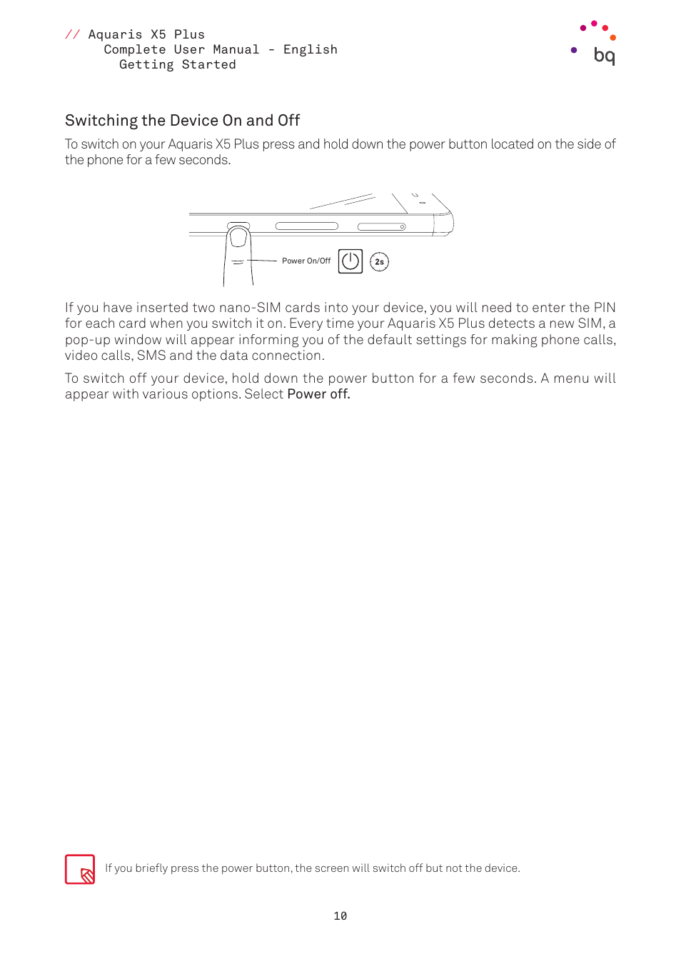 Switching the device on and off | BQ Aquaris X5 Plus User Manual | Page 10 / 87