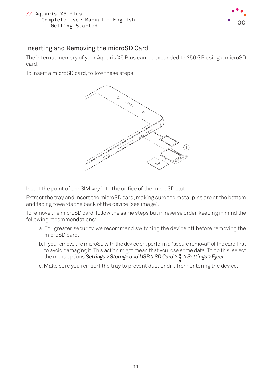 Inserting and removing the microsd card, Managing microsd card and usb drives | BQ Aquaris X5 Plus User Manual | Page 11 / 87