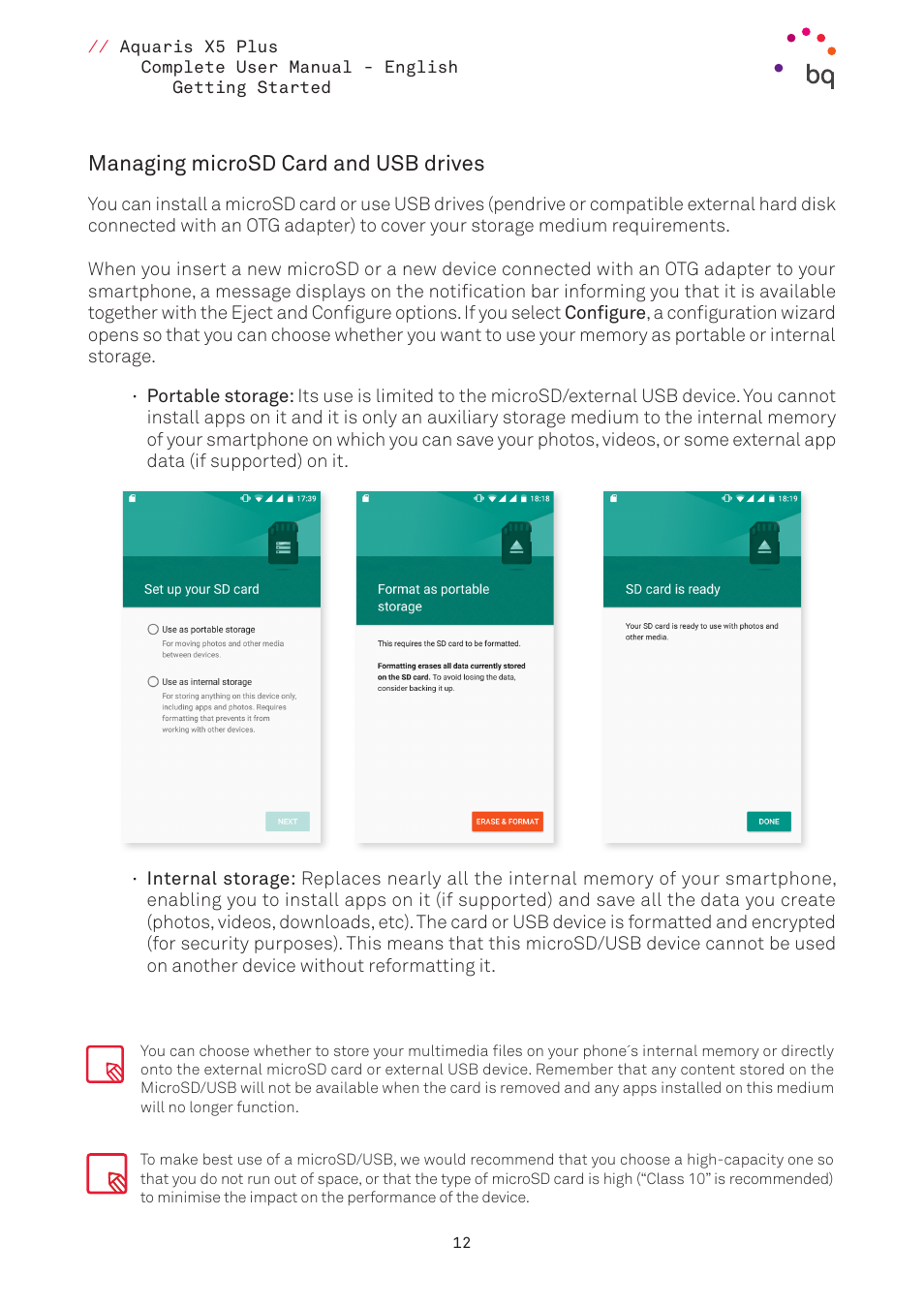 Managing microsd card and usb drives | BQ Aquaris X5 Plus User Manual | Page 12 / 87