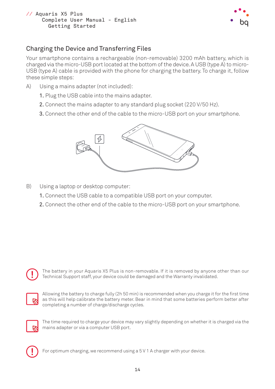 Charging the device and transferring files | BQ Aquaris X5 Plus User Manual | Page 14 / 87