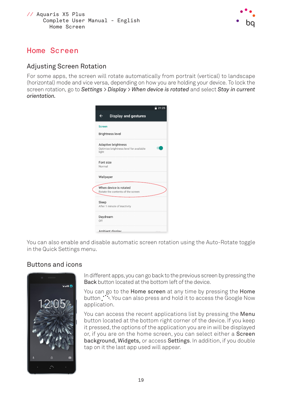 Home screen, Adjusting screen rotation, Buttons and icons | 19 desktop | BQ Aquaris X5 Plus User Manual | Page 19 / 87