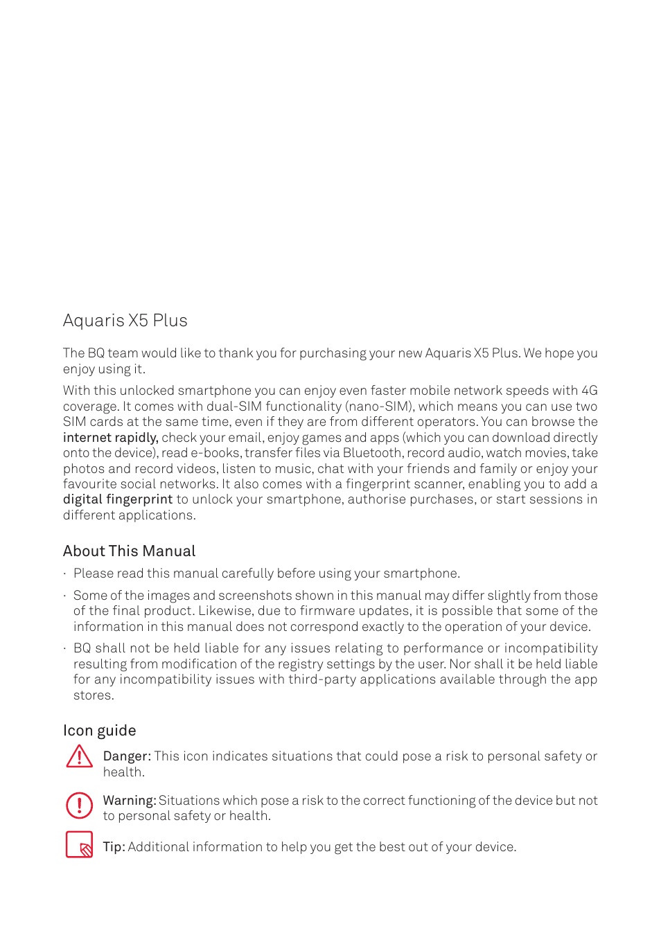 Aquaris x5 plus, About this manual, Icon guide | BQ Aquaris X5 Plus User Manual | Page 2 / 87