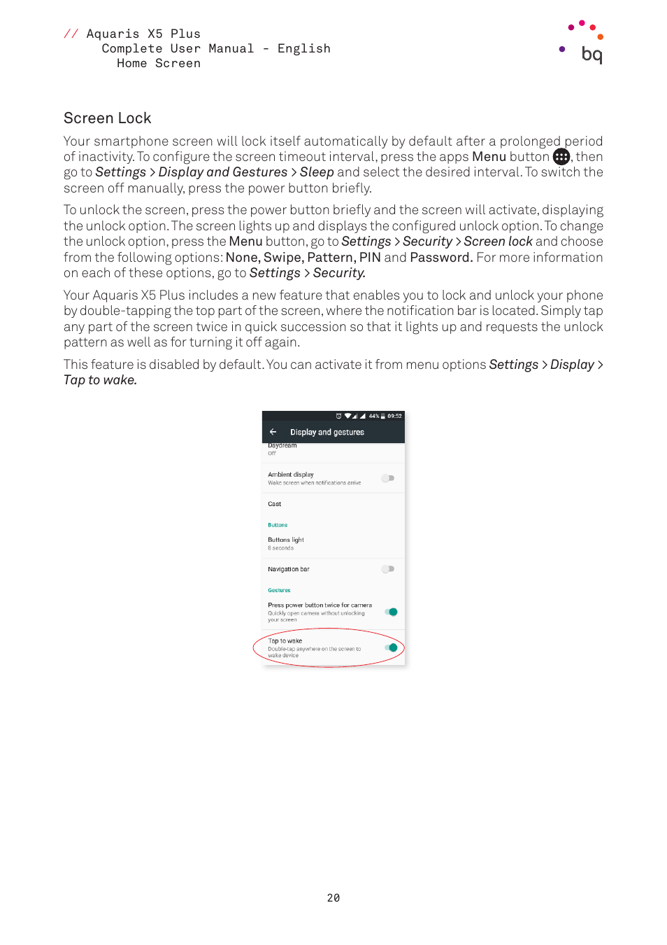 Screen lock | BQ Aquaris X5 Plus User Manual | Page 20 / 87