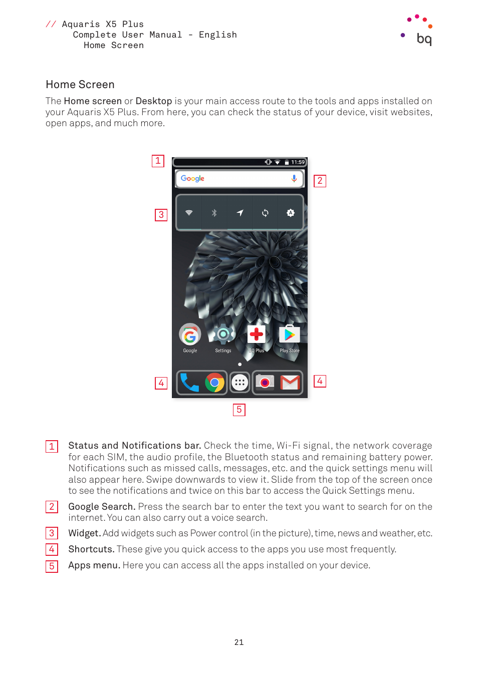 Home screen | BQ Aquaris X5 Plus User Manual | Page 21 / 87