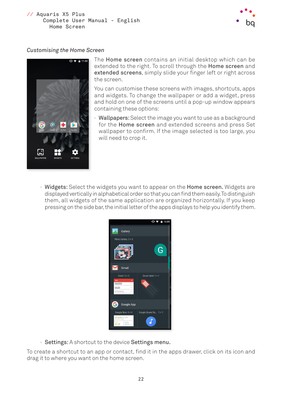 Customising the home screen | BQ Aquaris X5 Plus User Manual | Page 22 / 87