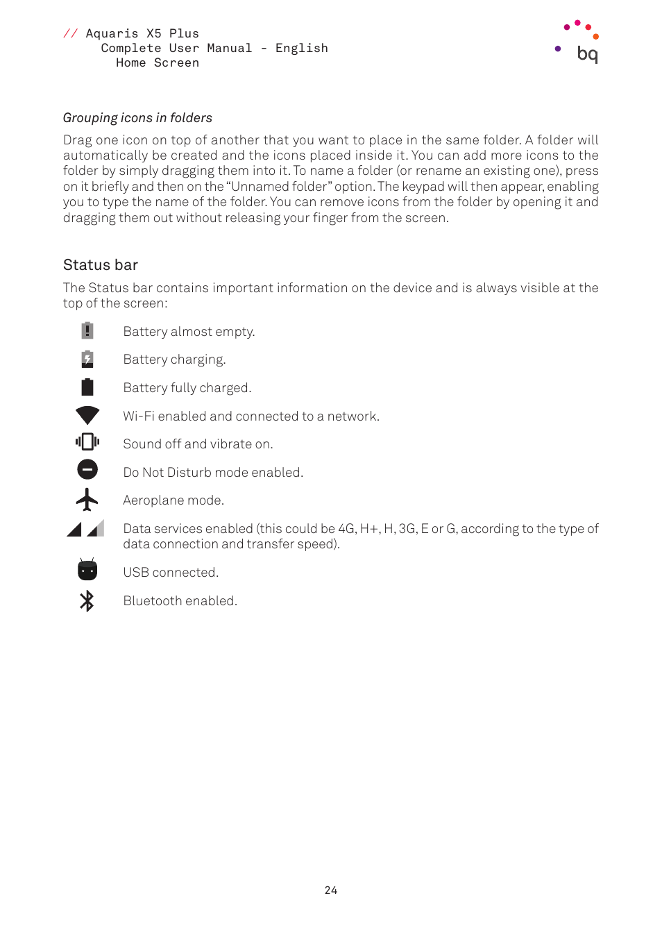 Grouping icons in folders, Status bar | BQ Aquaris X5 Plus User Manual | Page 24 / 87