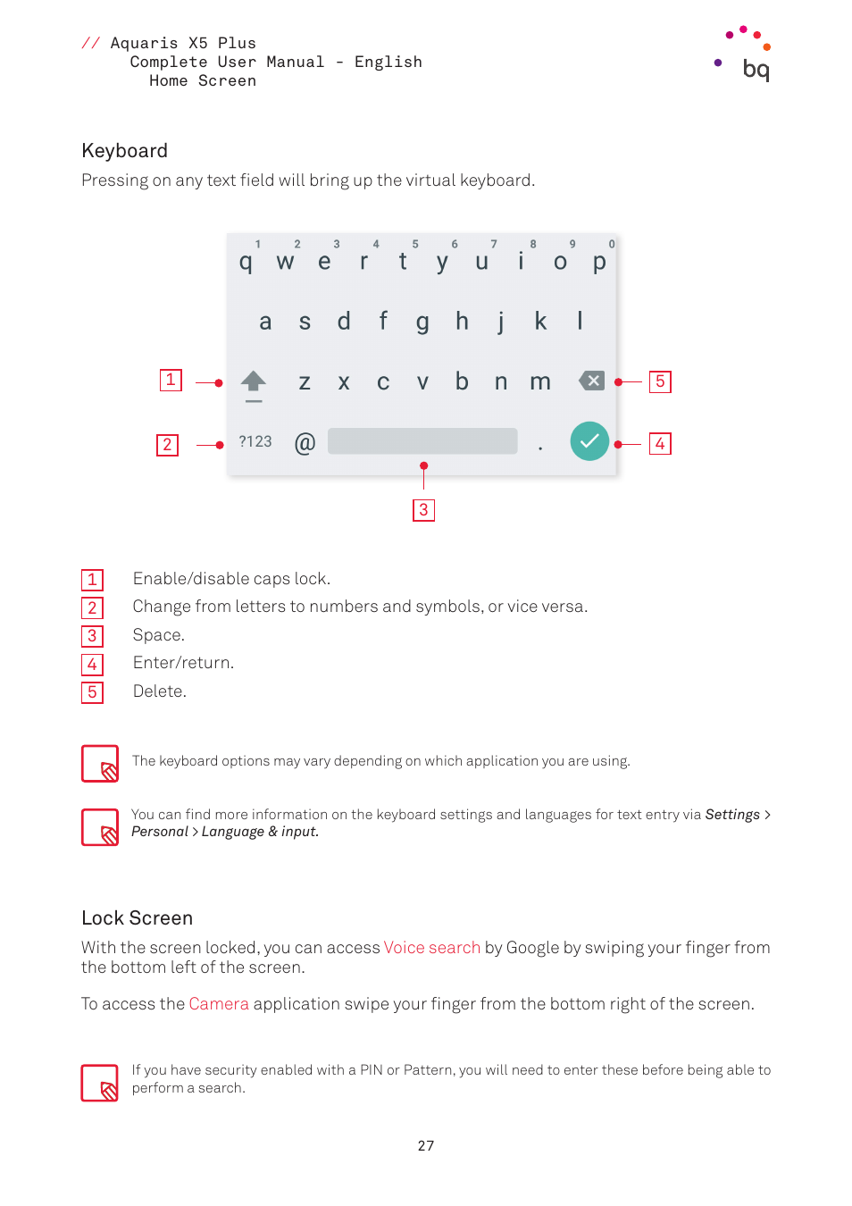 Keyboard, Lock screen, 27 keyboard | BQ Aquaris X5 Plus User Manual | Page 27 / 87