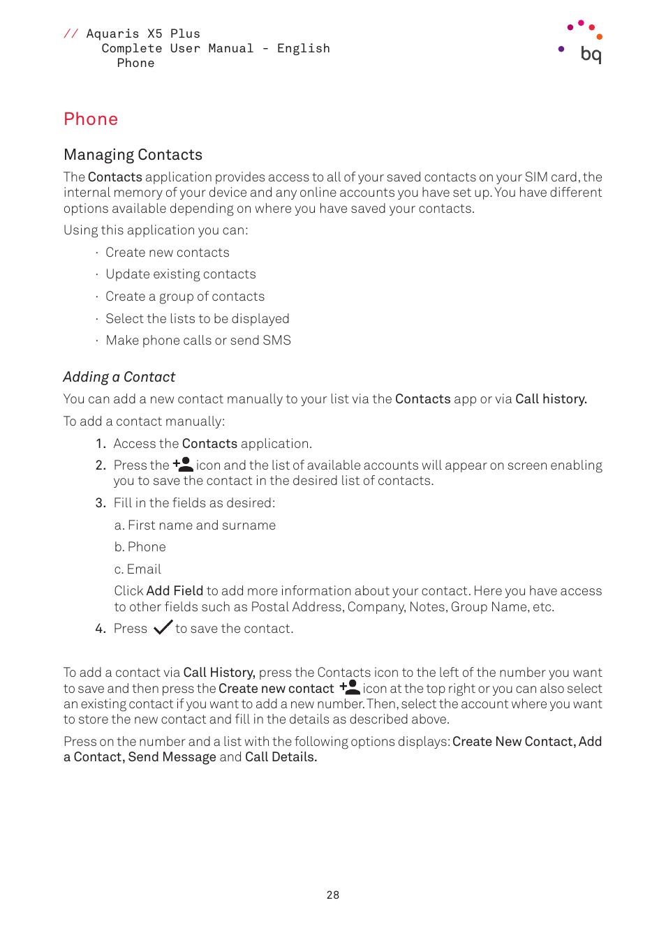 Phone, Managing contacts, Adding a contact | 28 phone | BQ Aquaris X5 Plus User Manual | Page 28 / 87