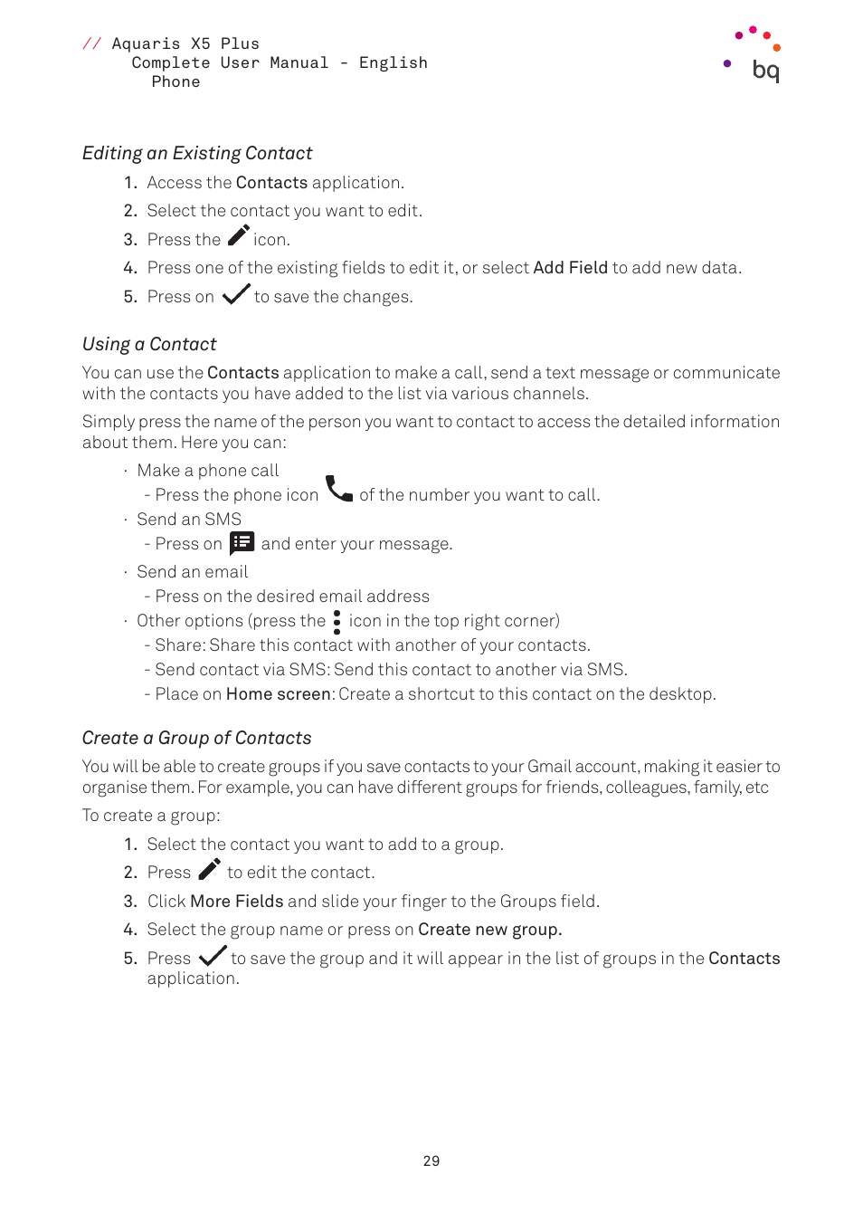 Editing an existing contact, Using a contact, Create a group of contacts | BQ Aquaris X5 Plus User Manual | Page 29 / 87