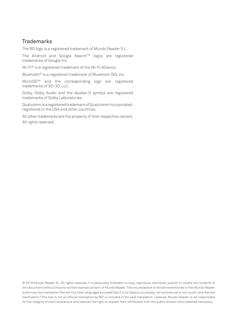 Trademarks | BQ Aquaris X5 Plus User Manual | Page 3 / 87