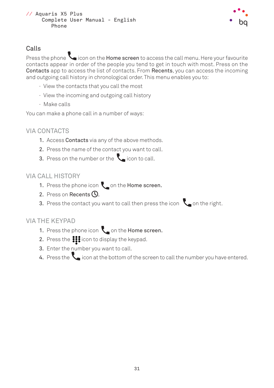 Calls, 31 calls | BQ Aquaris X5 Plus User Manual | Page 31 / 87