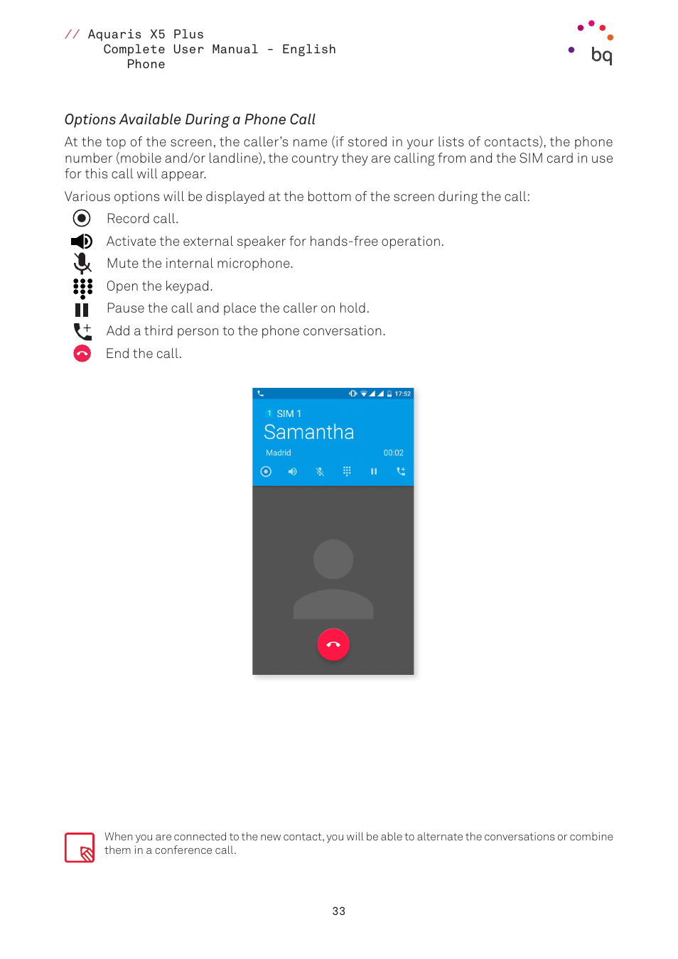 Options available during a phone call | BQ Aquaris X5 Plus User Manual | Page 33 / 87