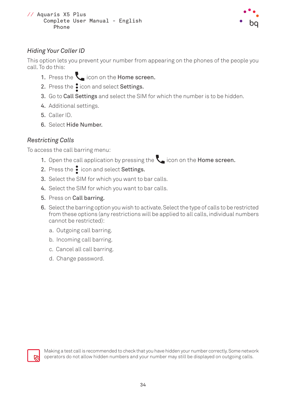 Hiding your caller id, Restricting calls | BQ Aquaris X5 Plus User Manual | Page 34 / 87