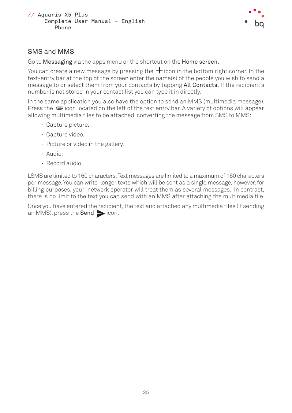 Sms and mms | BQ Aquaris X5 Plus User Manual | Page 35 / 87